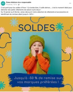 Exemple de post Facebook annonçant des soldes pour commerçants