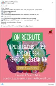 Exemple de post Facebook annonçant un recrutement